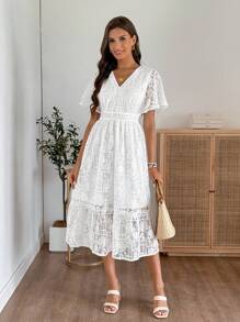 EMERY ROSE 女士优雅纯色蕾丝中长连衣裙，夏季女士连衣裙白色连衣裙外出服装女士生日连衣裙女士优雅连衣裙 - 白色 - 查看 3