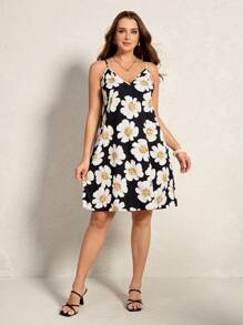 SHEIN LUNE Vestito con scollo a V e stampa a margherite intrecciata per donne con taglie curvy - Multicolore - Visualizzare 8