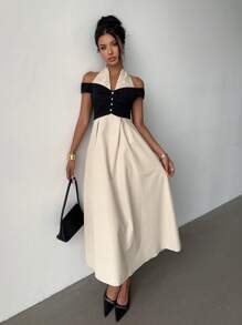 Siren Gaze Women's Contrast Color Splice Halter Neck A-Line Dress Midi Dress Off The Shoulder Dress Halter Dress Casual Dress French Dress Office Outfits For Women Teacher Outfits For Women