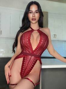 SHEIN Spicy Aura Bộ 3 món đồ liền thân hở lưng ren gợi cảm cho nữ - Màu Đỏ Sâu - Xem 7