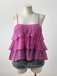 Sweetra Plus Size Casual Daily Solid Color Pleated Ruffle Hem Camisole Top For Women - Pink - View 2
