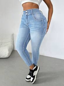 Dripcurv 大码蓝色弹力紧身七分牛仔裤 冬季牛仔裤 冬季女式牛仔裤 女式牛仔裤 紧身弹力曲线牛仔裤 女式高腰卷边牛仔裤 - 淺色水洗藍 - 查看 4