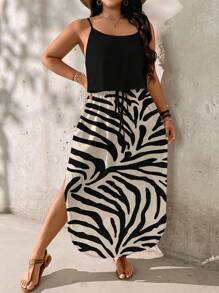 SHEIN LUNE Plus Size Animal Print Summer Dress,Sun Dresses For Women,Sundress Chic Dress - Black and White - View 5