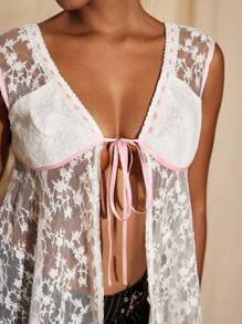 BRDY Elegant Lace Ribbon Tie Short Sleeve Top Women Summer Sexy Transparent Lace Top - White - View 6