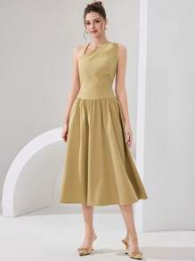 Modelyn Vestido de mujer de longitud media con cuello asimétrico de unicolor elegante, vestidos casuales de mujer, ropa de mujer para cumpleaños, ropa de mujer talla grande, vestidos formales de trabajo de verano - Caqui - Ver 7