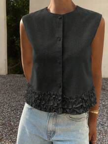 DAZY 女士纯色修身无袖圆领花卉蕾丝边休闲优雅夏季外套背心度假