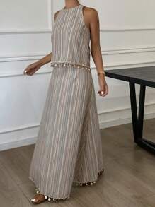 Livesso 夏季新款海滩度假装，条纹流苏波西米亚风格两件套女士