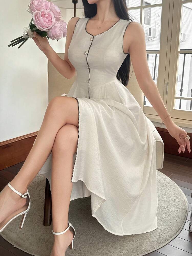 French Elegant Sleeveless Midi Dress, Retro & Chic Style, White, Summer,Back To School Clothes