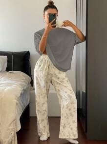 DAZY 2 件套纯色宽松 T 恤上衣和全身花卉线条印花睡裤睡衣套装，返校服 - 灰色 - 查看 3