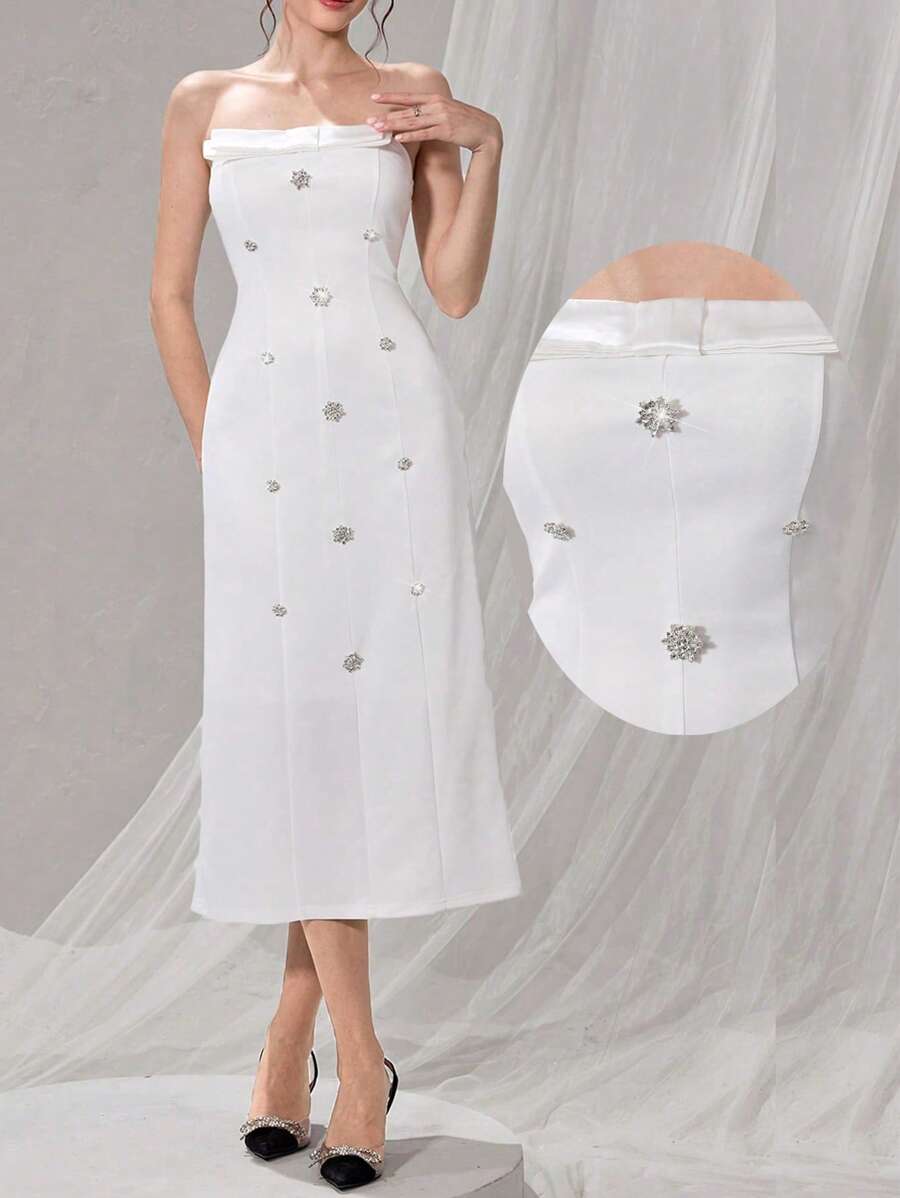 Poshira Plus Size Rhinestoned Ball Gown Dress - White - View 1