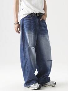 Chillumni Lässige, gerade, locker sitzende Jeans mit Used-Look und Taschen für Herren, vielseitiges, Baggy-Jeans-Design für Männer - Mittele Waschung - Übersicht 4