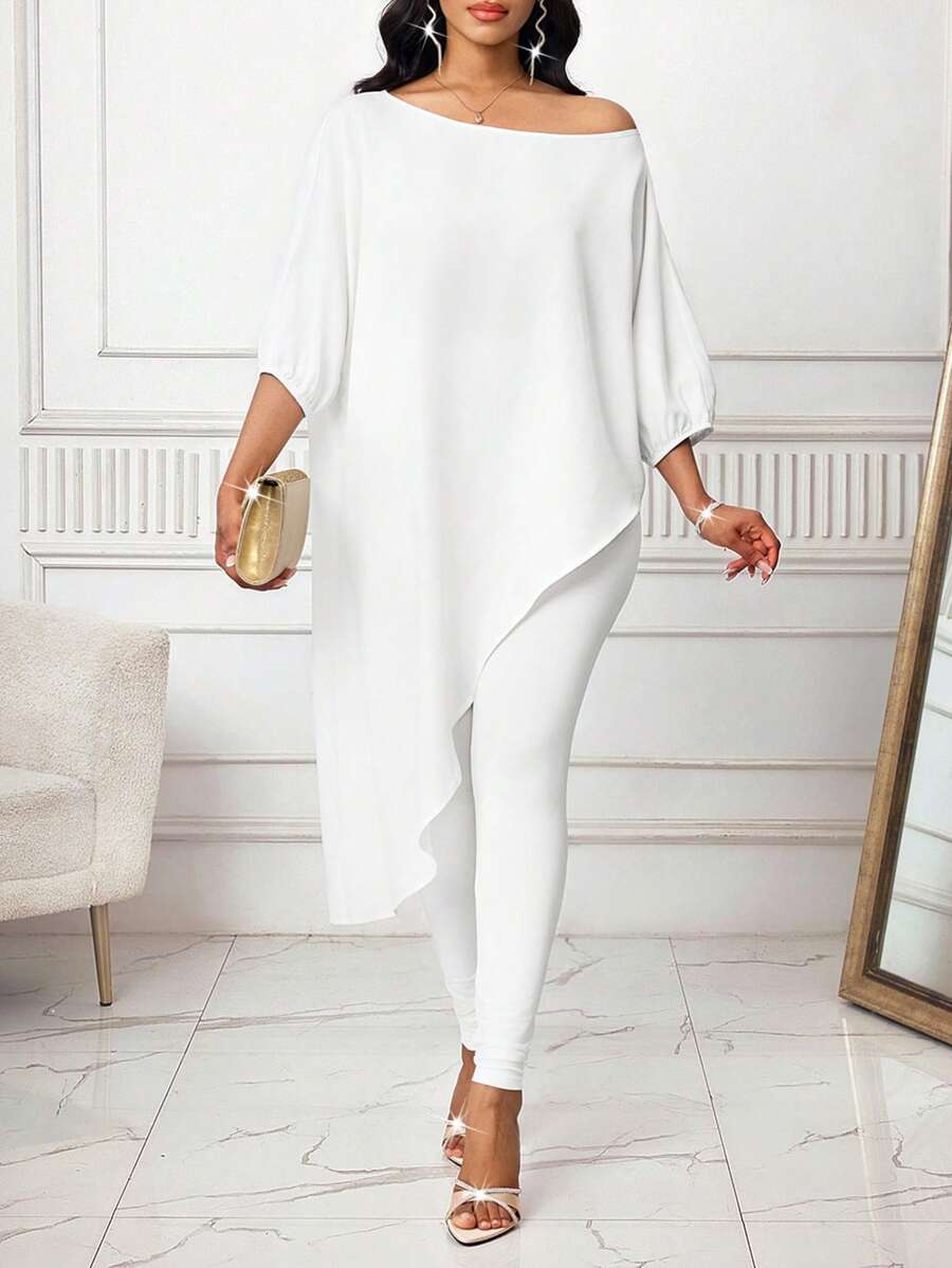 SHEIN Lady 2pcs Women Elegant Solid Asymmetric Shirt & Leggings Set Women Clothing White Outfits Casual Sets For Women