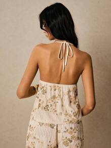 Poéselle 女式夏季花卉亮片露背上衣，腰部系带，性感