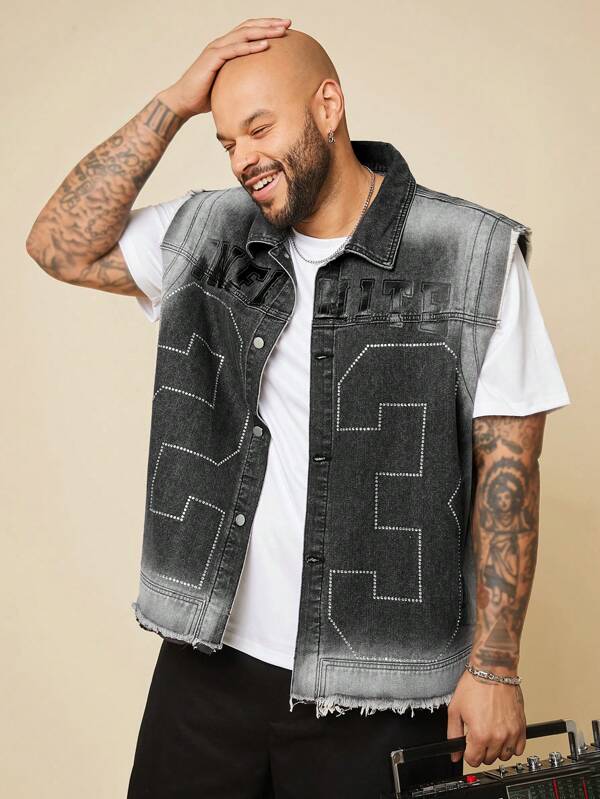 EASEVO Plus Size Men's Loose Casual Sleeveless Embroidered Denim Shirt, Suitable For Summer, Emo Style