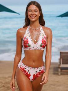 Swim Vcay 2pcs/Set New Fashionable 3D Flower Design Bestselling Sexy Bikini Swimsuit Set, Suitable For Summer Beach
