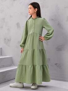 SHEIN Tween Girl Lotus Leaf Collar Texture A-Line Long Dress With Long Sleeves