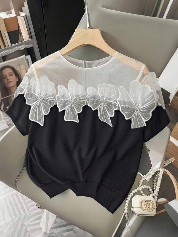GlowEve Lace Patchwork Short Sleeve Casual Women Sweatshirt Graduation,Back To School Outfits,Graduation,Teacher Outfits For Women,Back To School