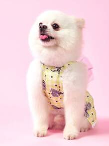 PETSIN Light Purple Sweet 3D Mesh Bow Print Decor Polka Dot Dress, Lightweight Breathable Summer Pet Apparel - Yellow - View 2