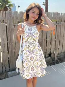 Teens Girls Casual Minimalist Vintage Bohemian Floral Print Cami Dress, Suitable For Summer