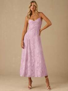 Enchnt 女士夏季提花褶饰优雅吊带连衣裙 - 粉色 - 查看 4