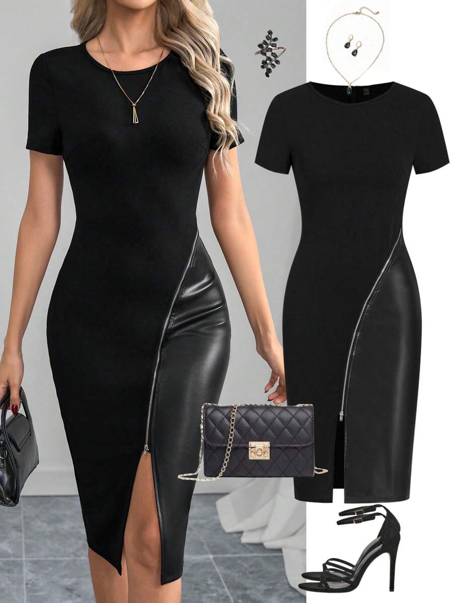 Ellevyn Elegant Women's Black Short Sleeved Patchwork PU Leather In Winter Zip Up Split Thigh Bodycon Dress,Summer Dresses For Women