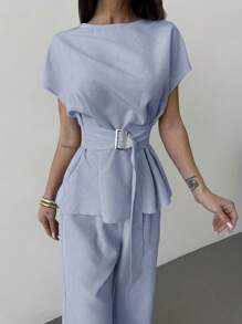 Firerie 春夏新款优雅极简杏色亚麻竹节结立领收腰衬衫&高腰直筒阔腿裤通勤套装，亚麻日常通勤套装，度假套装 - 藍色 - 查看 4