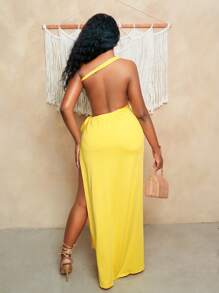 BamGleam 女式性感纯色露背高开衩连衣裙，夏季 - 黃色 - 查看 2