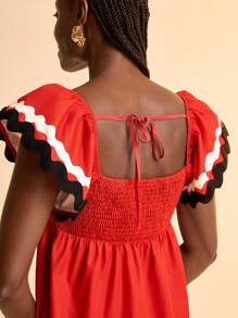 CAJUNI Summer Holiday Casual Beach V-Neck Ruffle Sleeve Wavy Hem Long Dress, Red - Multicolor - View 5