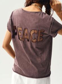 Bohemela Solid Color Knit Short Sleeve Round Neck Washed Women T-Shirt - Coffee Brown - View 1