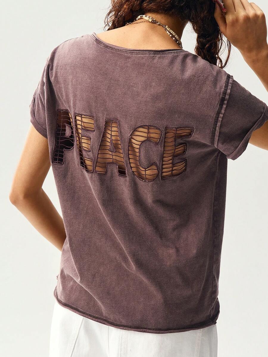 Bohemela Solid Color Knit Short Sleeve Round Neck Washed Women T-Shirt - Coffee Brown - View 1