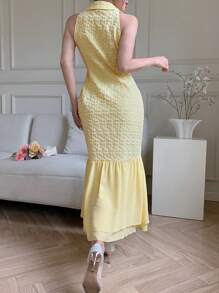 Modelyn Elegant Blazer Collar Double-Breasted Chiffon Patchwork Jacquard Yellow Dress - Yellow - View 6