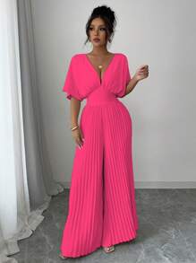 Selianne 纯色深V领蝙蝠袖褶皱优雅女式连体裤 - 玫紅色 - 查看 3
