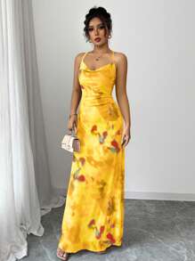 Elenzga 前褶领印花女式长款吊带裙 - 黃色 - 查看 4