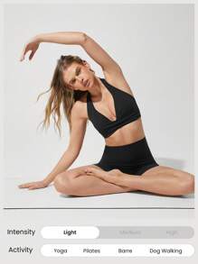 GLOWMODE FeatherFit™ Deep V Neck Adjustable Halter Cropped Sports Bra With Crossover Bust Low Impact Yoga Daily - Black - View 6