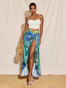 Armand Floral Printed Satin High Split Drape Maxi Skirt Women Summer Elegant Vacation Skirt - Multicolor - View 3