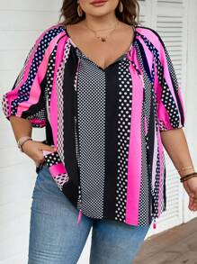 SHEIN CURVE+ Blusa plus size casual listrada em blocos de cores para férias de verão/campo/praia. - Multicolorido - Ver 3