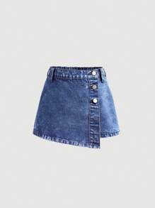 SHEIN 青少年女孩夏季 Y2K 休闲波西米亚风不对称纽扣牛仔短裙，适合女孩夏季服装度假和日常街头服饰 - 深色水洗藍 - 查看 6