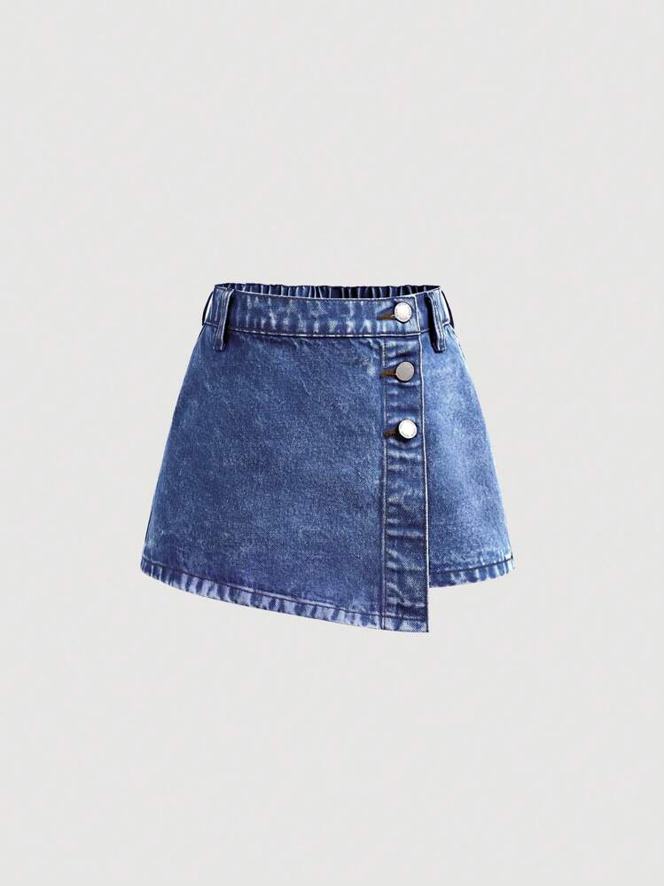 SHEIN Falda pantalón asimétrica de mezclilla con botones en estilo boho casual Y2K para niñas, ropa de verano para vacaciones y uso diario - Azul lavado oscuro - Añade 6