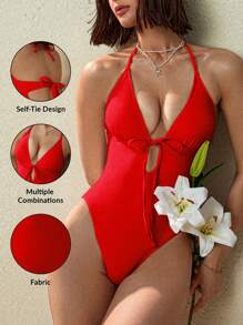 Swim Basics Traje de baño de una pieza con pliegues y lazo minimalista para mujer, color beige, para vacaciones en la playa - Rojo - Ver 7