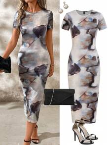 Ellevyn Elegant Women's Round Neck Slim Fit Hip Package Slit Dress Teacher Outfits