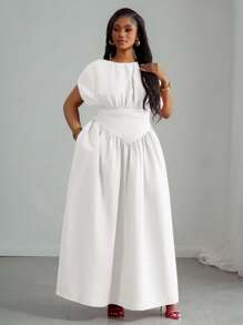 Slaydiva 2025 春夏新品大码女装优雅通勤/海滩度假/约会/派对/音乐节纯紫红色圆领无袖收腰开叉拼接棱角 A 字长裙-B