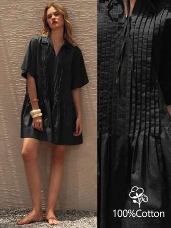 Lumivelle 女式休闲舒适宽松衬衫领褶饰抽绳下摆短款连衣裙，春夏