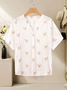 Lacomfia Embroidered V-Neck Dolman Sleeve Plus Size Casual Shirt - Apricot - View 1