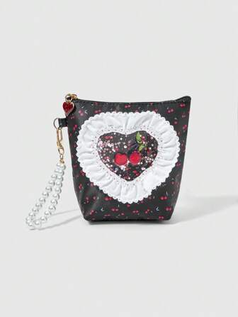 Kawaii 1pc White Lace Cute Cherry Pattern Large Capacity Portable Cosmetic Bag, #1510468