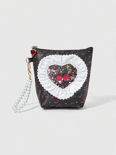 Kawaii 1pc White Lace Cute Cherry Pattern Large Capacity Portable Cosmetic Bag, #1510468