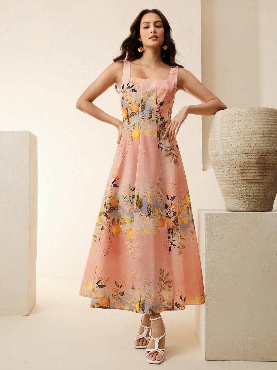Women's Boho Sylvan Green Floral Print Long Dress With Square Neck And Sleeveless Design