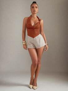 Hauture Blusa con cuello drapeado y espalda descubierta para mujer - Naranja - Ver 4