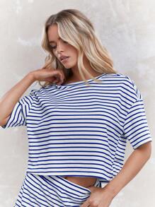 MISSGUIDED 航海条纹两件套夏季度假套装 T 恤短裤迷你休闲家居服海滩度假套装 - 藍色 - 查看 3