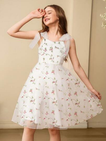 女孩花园下午茶网眼刺绣细肩带荷叶边短裙，适合婚礼/生日派对/表演场合