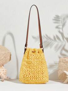 SHECARRY Bolso de hombro tejido con decoración de conchas para mujer, informal, de vacaciones - Amarillo - Ver 6